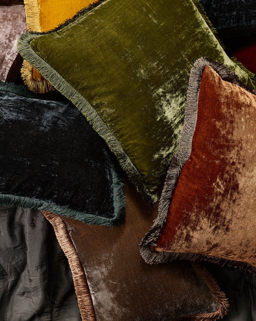 Silk Velvet Fringed Cushion in Clover The Maker Shop