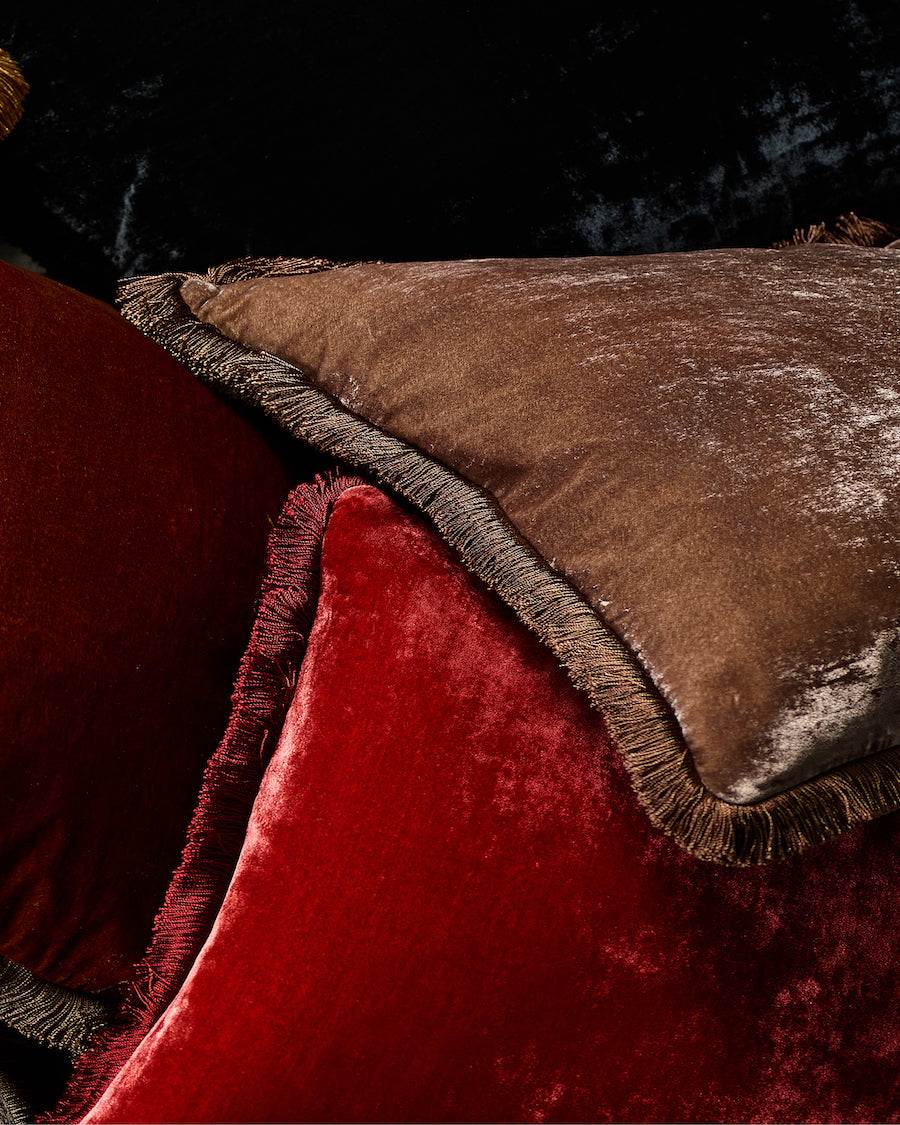 Silk Velvet Fringed Cushion in Claret