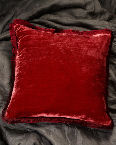Silk Velvet Fringed Cushion in Claret