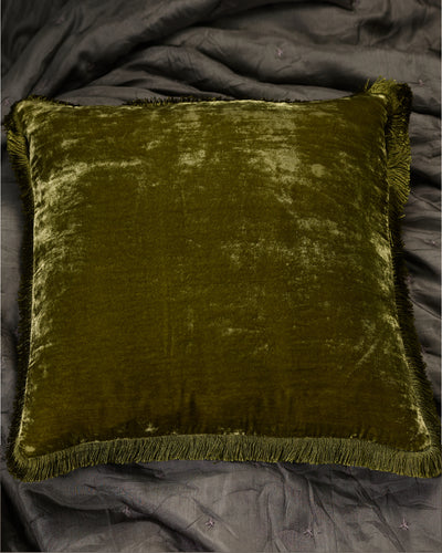 Silk Velvet Fringed Cushion in Clover