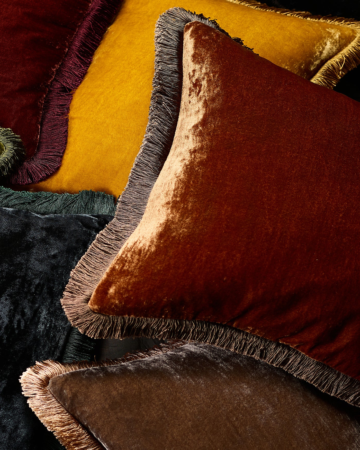 Silk Velvet Fringed Cushion in Saffron