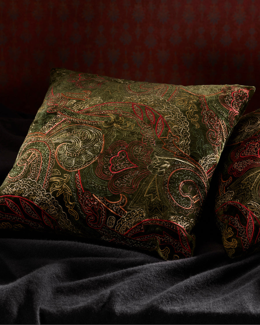 Paisley Silk Velvet Embroidered Cushion in Fern