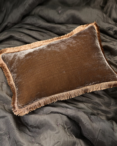 Silk Velvet Fringed Cushion in Fawn