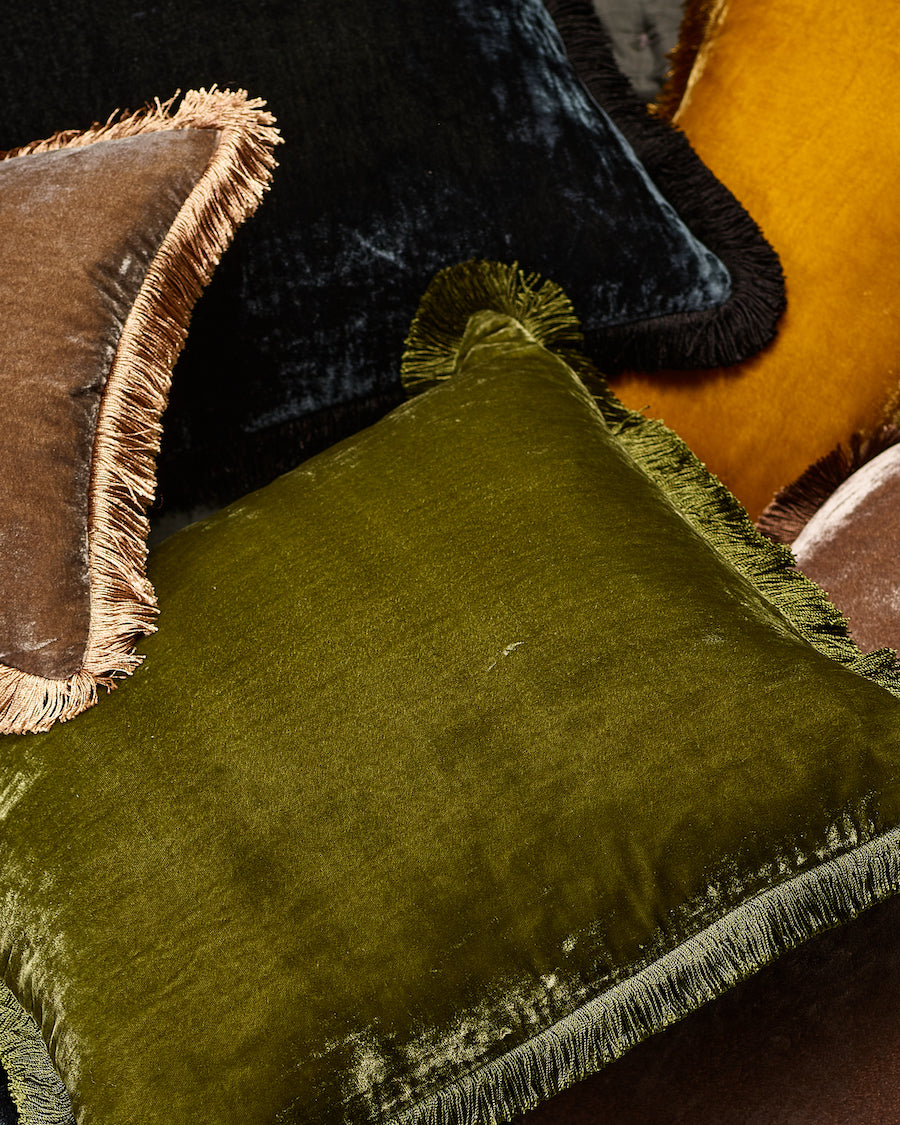 Silk Velvet Fringed Cushion in Nightshade