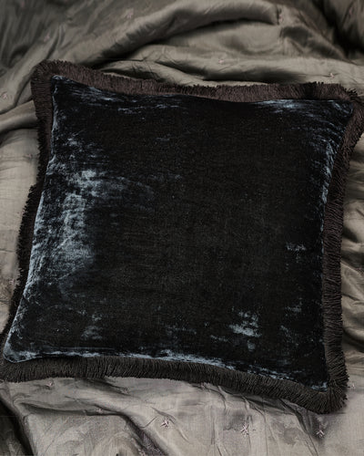 Silk Velvet Fringed Cushion in Nightshade