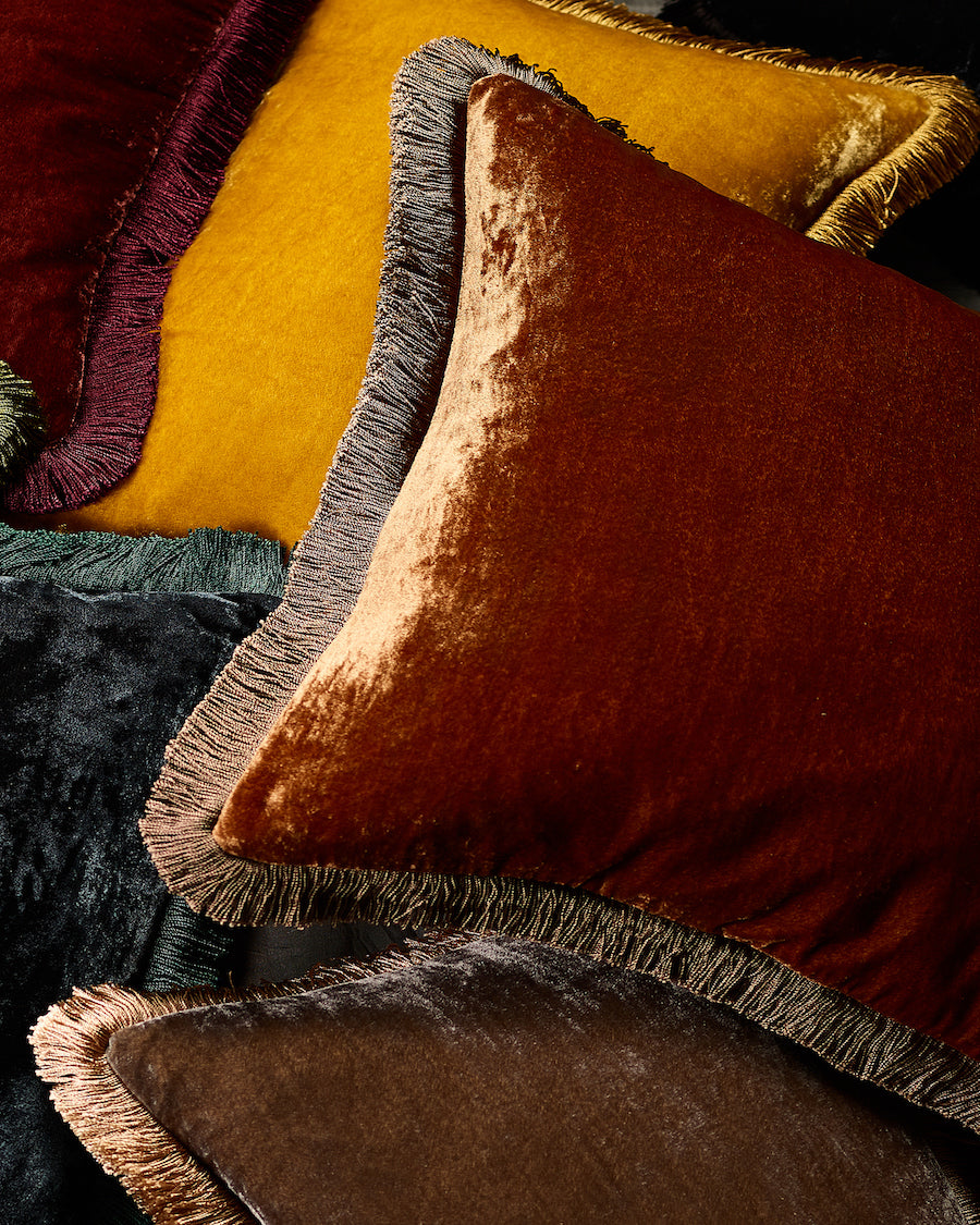 Silk Velvet Fringed Cushion in Cognac