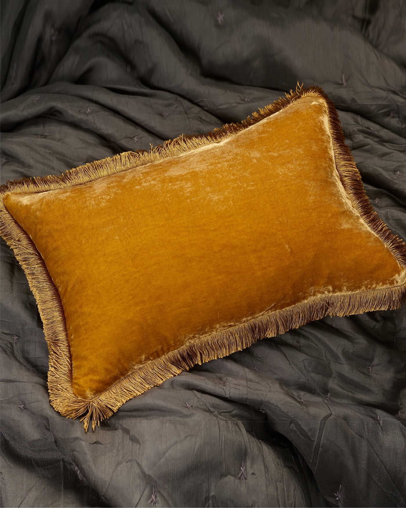 Silk Velvet Fringed Cushion in Saffron